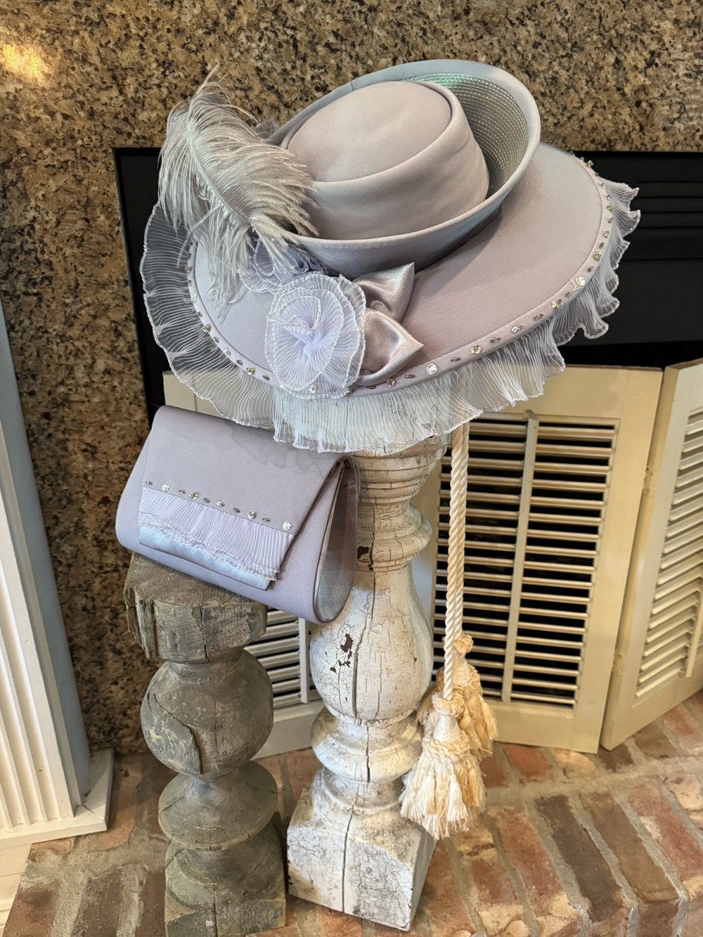 Milano Lavender Satin Feather Trim Church Hat with Matching Clutch